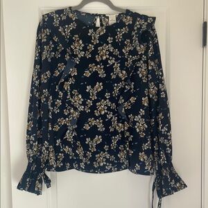 Esley Black Ruffled Tie Front Blouse with Mandarin Collar